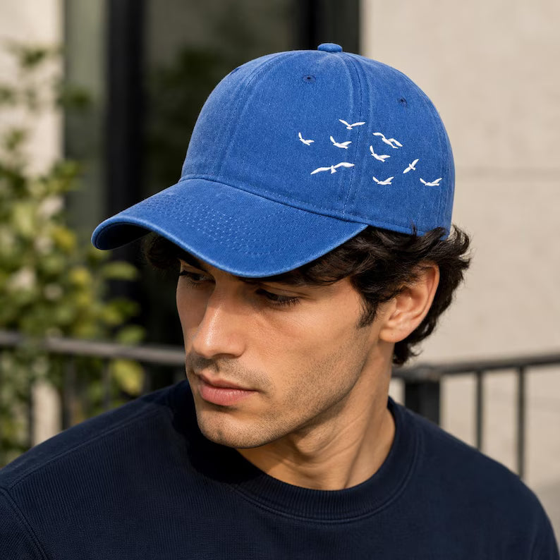 Bird Embroidered Washed Cotton Baseball Cap