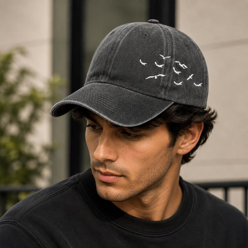 Bird Embroidered Washed Cotton Baseball Cap