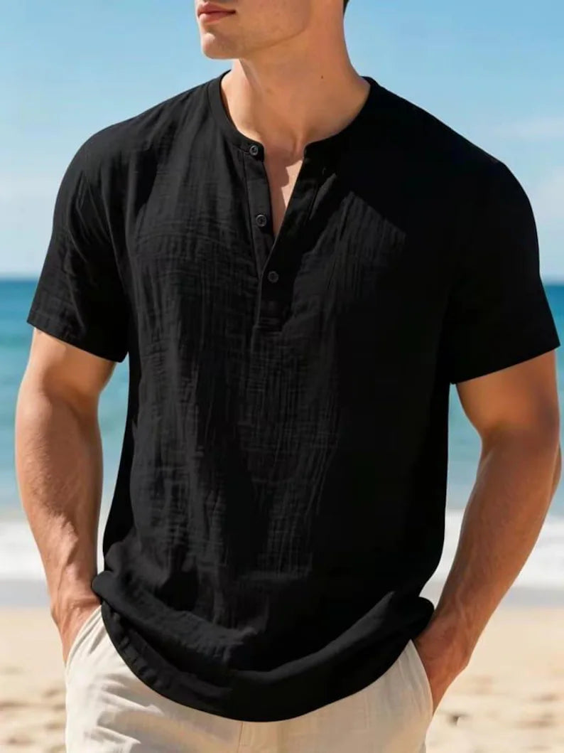 Men's Short Sleeve Cotton Linen Henley Shirt