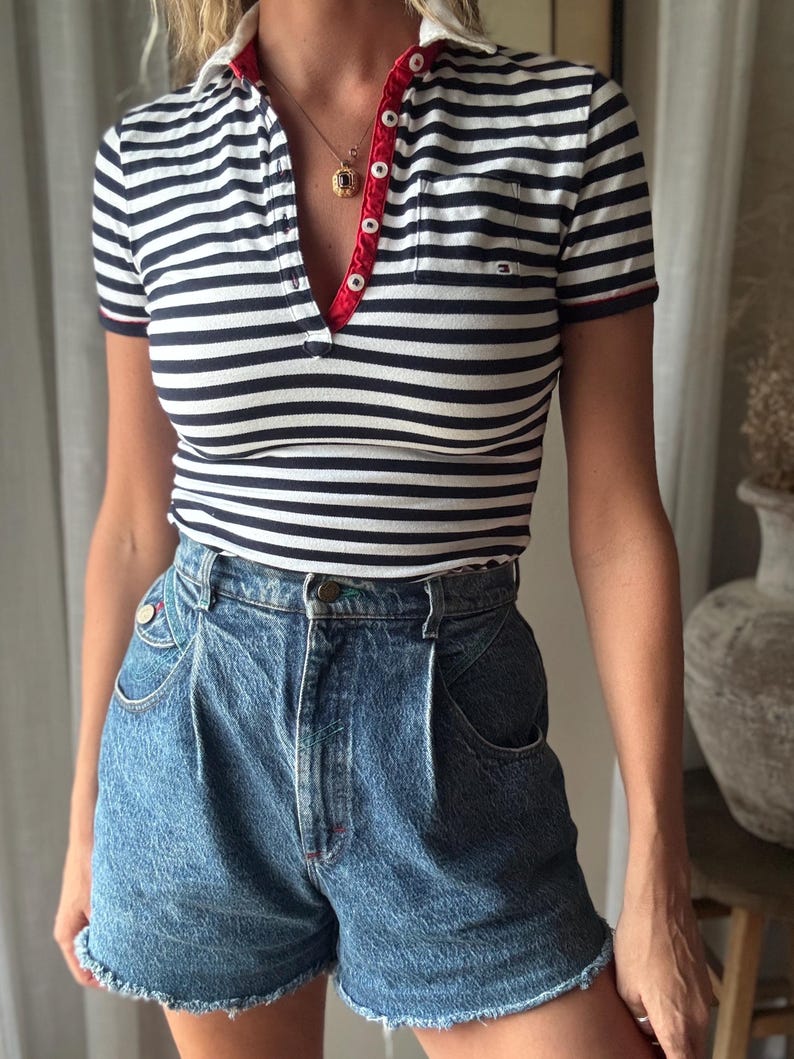 Vintage Tommy Hilfiger Polo Shirt: Navy Blue White Red Striped Cotton Tee