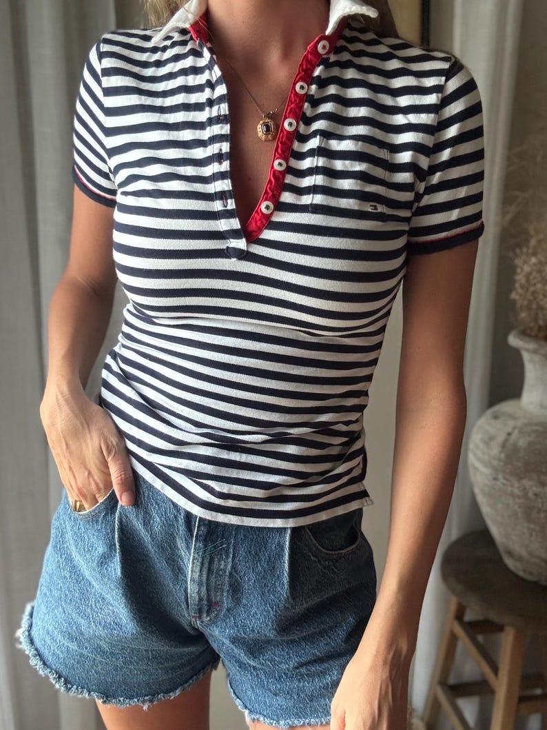 Vintage Tommy Hilfiger Polo Shirt: Navy Blue White Red Striped Cotton Tee