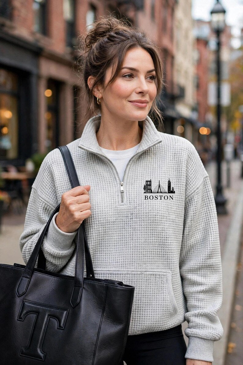 Boston Half Zipper Waffle Sweatshirt (Unisex)